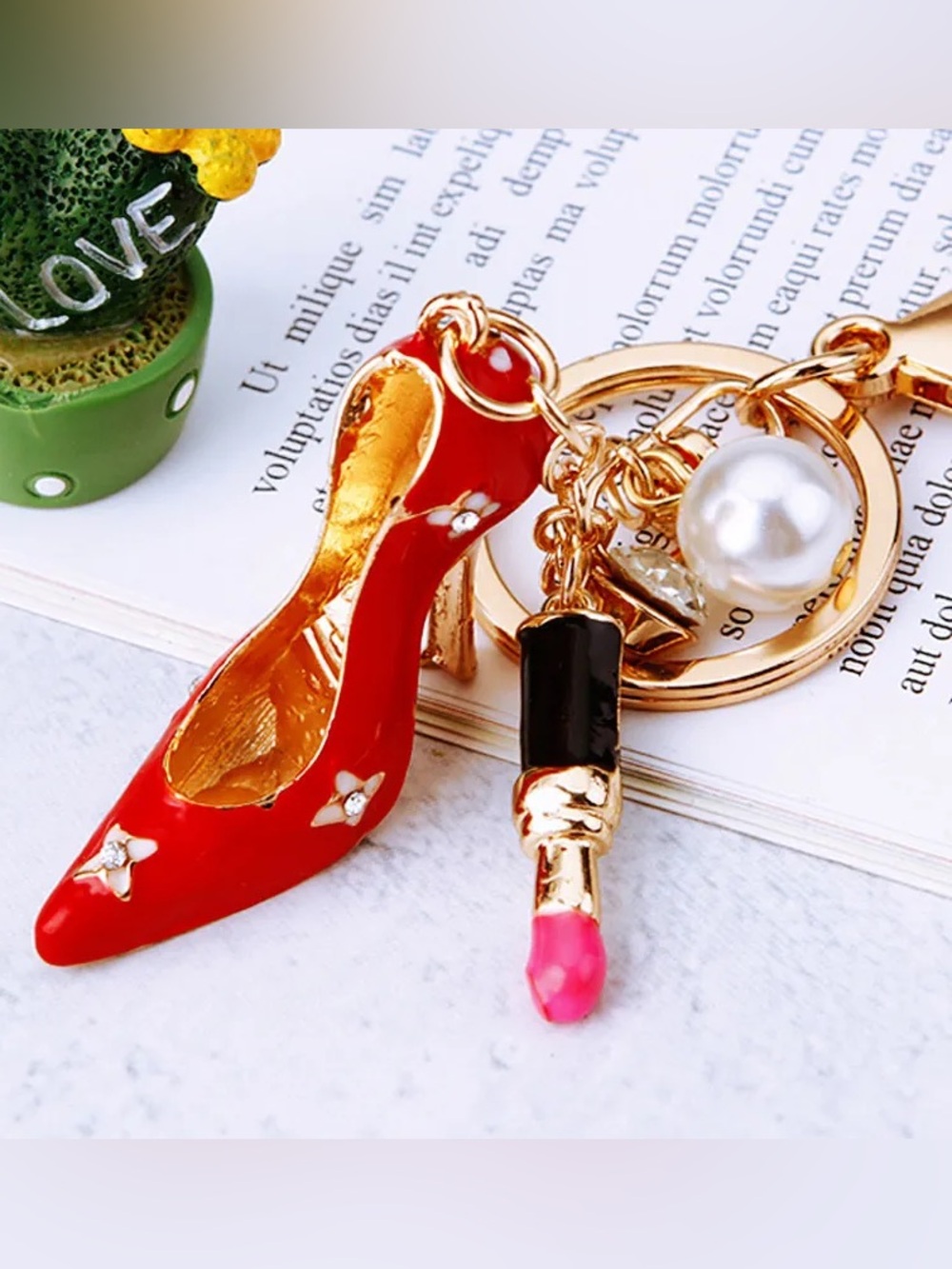 Red High Heel Lipstick Keychain Bag Charm Pearl Rhinestone Gold Tone Luxe NEW